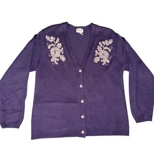 KORET Purple Embroidered Floral Heart Button Cardigan Sweater Women's Medium